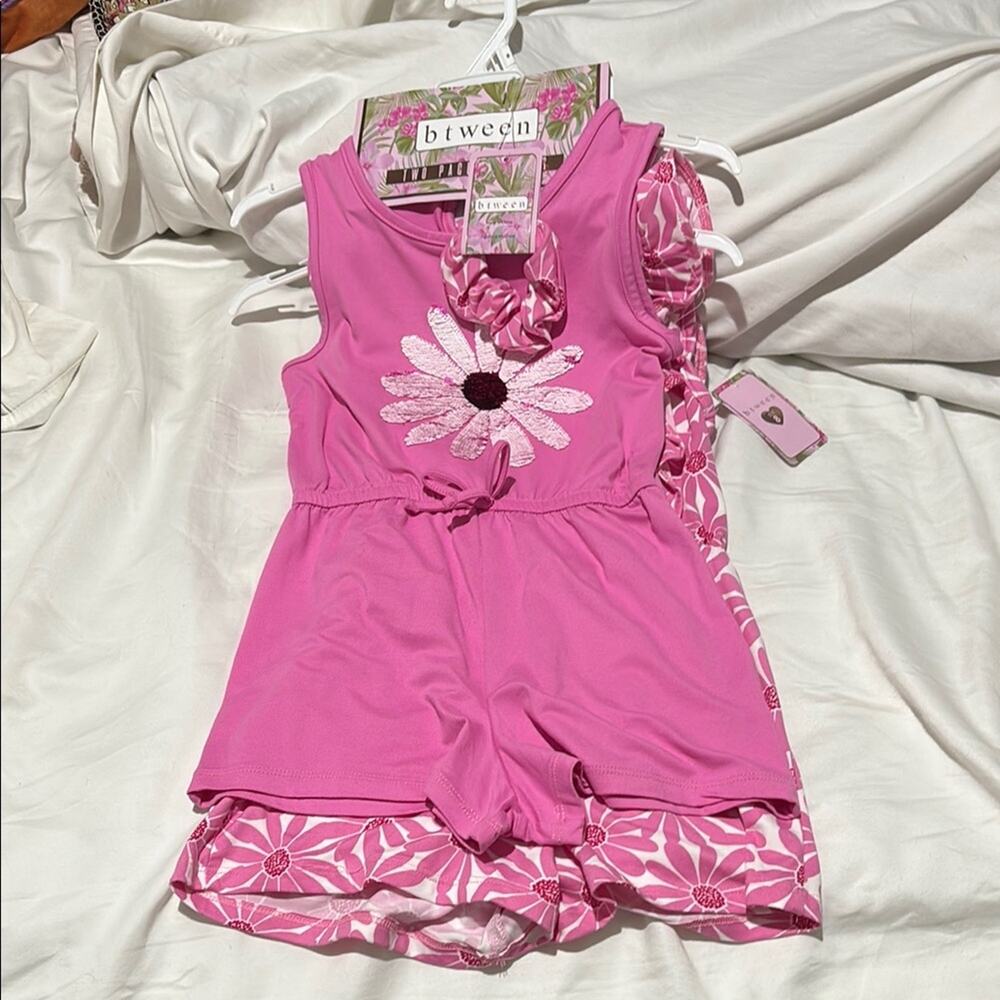 BTween 8 Pink sequine white heart and pink Floral Romper set stretch nwt